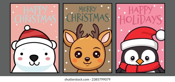 Tarjetas de felicitación y afiches para una Feliz Navidad: Colección de animales de invierno vectores, incluidos renos, pingüinos y osos polares