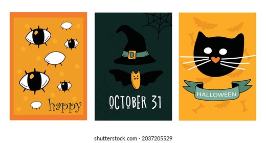 Greeting cards, or posters Set, cutest cat, bat with hat, kind happy eyes. Happy holiday. Halloween Happy holiday. Great for postcards, advertising banners. Vector illustration.