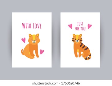 Greeting cards with puppy and tiger for St. Valentine day. Vector illustration in cute flat style