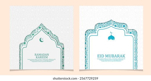  greeting cards Ramadan and Eid white background with copy space,Eid Al-Fitr Mubarak, Ramadan Kareem, Islamic Style Greeting Background Collection Set with Arabic Ornaments