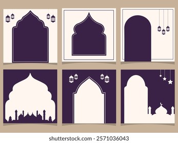greeting cards Ramadan and Eid white background with copy space,Eid Al-Fitr Mubarak, Ramadan Kareem, Islamic Style Greeting Background Collection Set with Arabic window.