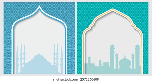 greeting cards Ramadan and Eid white background with copy space,Eid Al-Fitr Mubarak, Ramadan Kareem, Islamic Style Greeting Background Collection Set with Arabic Ornaments