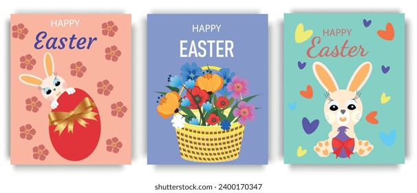 Grußkarten für die Auferstehung Christi. Eier mit goldenen Schleifen, Blumenkörbe und ein süßer Osterhase. Kollektion von bunten Plakaten für Ostern. Vektorgrafik.