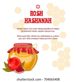 Greeting cards Rosh Hashanah Jewish New year. The design with a pen to draw a half of a ripe pomegranate with a jar of honey. Pomegranate seeds. Celebrating Rosh Hashanah-Shanah.Stock vector.