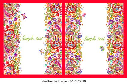 Greeting cards with seamless decorative borders with colorful abstract flowers print on white background