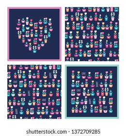 Greeting cards and seamless patterns. Hearts of the cute flowers. Floral elements for gift wrap, textile, wallpapers, and scrapbook. Vector.