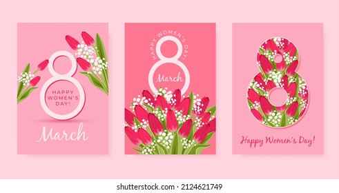 Greeting cards set for 8 March. Flower bouquet with red tulips and white gypsophila. Happy Women's Day.