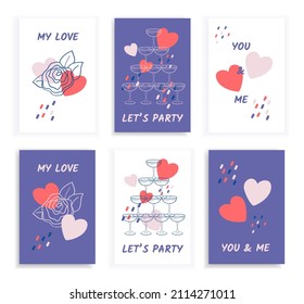  Greeting cards set with art line roses, champagne glasses pyramid, abstract shapes and slogans. Vector illustrations for season invitations, cards, posters and flyers.