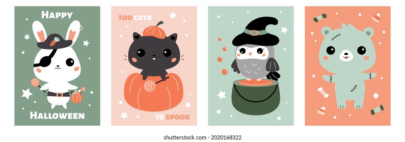 Greeting cards set for children Halloween party. Printable posters templates for nursery. Cute kawaii animals in Halloween costumes. Cartoon bear zombie, bunny pirate, owl witch and cat in pumpkin.