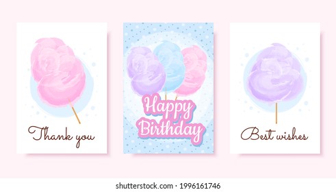 Tarjetas de felicitación con golosinas de algodón. Feliz cumpleaños, gracias, mejores deseos, dulces.