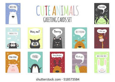 Greeting cards set - cute animals. Vector hand drawn template for party, scrapbooking etc.