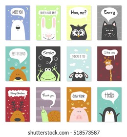 Greeting cards set - cute animals. Vector hand drawn template for party, scrapbooking etc.