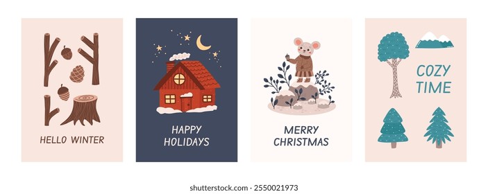 Greeting cards set with cute Christmas elements and animals. Winter forest woodland poster collection with mouse, house, hut, trees, mountains, branches, stumps, knots, cones. 
