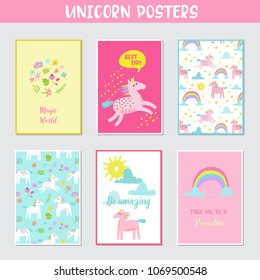 Greeting Cards Set with Cute Magic Unicorns, Rainbow and Flowers. Fantasy Children Posters, Happy Birthday Invitation. Hand Drawn Childish Postcard. Vector illustration