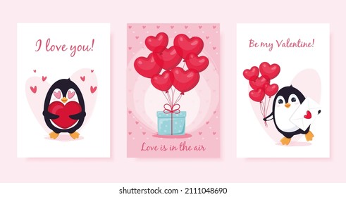 Greeting cards set with cute penguin with love letter, balloon, gift box with hearts. Love is in the air, Be My Valentine.