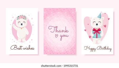 Greeting cards set with cute teddy bears with gift box and flowers on pink background. Happy Birthday, thank you, best wishes.