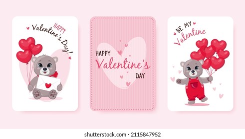 Tarjetas de saludo montadas con un lindo oso de peluche con carta de amor y corazones con globo. Feliz Día de San Valentín.