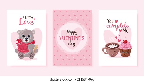 Greeting cards set with cute teddy bear and jar with hearts. Cup of cocoa with marshmallow and berry cupcake with chocolate and cherry. Happy Valentine's Day.