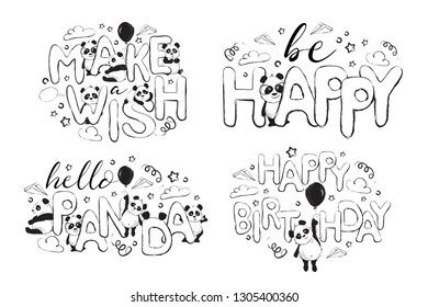 Greeting cards set design with cute panda bears and quotes 