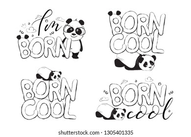 Greeting cards set design with cute panda bears and quotes 