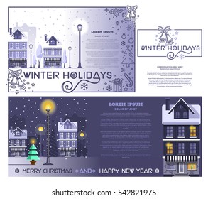 Greeting cards set and design elements for winter holidays. Winter landscape. Snowy town at holiday eve. Greeting inscription - Merry Christmas and Happy New Year. Vector illustration