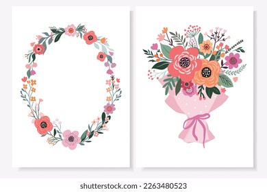 Tarjetas de felicitación para diferentes tipos de celebración, marco floral y ramo de flores, aisladas en blanco