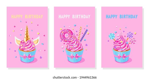 Greeting cards set. Festive unicorn cupcakes. Pink  fairy cupcake unicorn, cakes with pink donut, waffle, lollypops and sprinkles on pink background. vector illustration