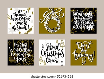Greeting cards set with hand drawn illustrations and lettering quotes. Templates for invitation, banner or tag for Christmas and New year season. 