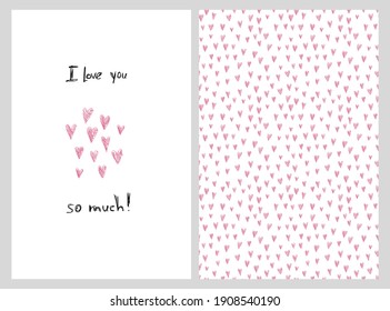 Greeting cards set with I love you phrase and doodle pencil hearts fro Valentine Day. Pink heart-shaped isolated objects on white background, seamless pattern illustration.
