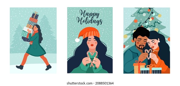 Greeting cards set Merry Christmas and Happy New Year. Trendy retro style. Preparing for the holiday concept. Vector design template