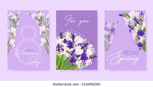 Greeting cards set with spring flowers. Flower bouquet with purple and white irises. Happy Women's Day, For you, Hello Spring.