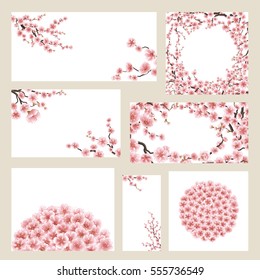 Greeting cards set template with blossoming sakura. EPS 10 vector file included