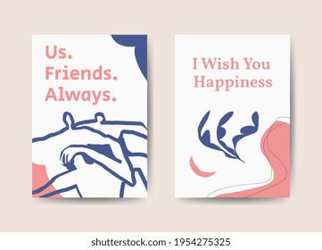 Greeting cards set template design, red and blue colors with lettering. Modern, trendy artwork with group of people in line art and plant in matisse and boho style. Vector backgrounds illustration.