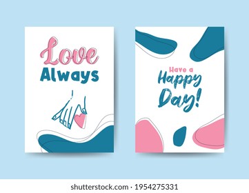 Greeting cards set template design, pink and blue colors with lettering. Modern, trendy artwork with hand and heart in line art and shapes in boho style. Vector backgrounds illustration.