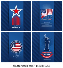 Greeting cards set for the United States Independence Day. 4th of July. Fourth of July. Holiday backgrounds collection for US Independence Day. Happy Independence Day. Vector illustration