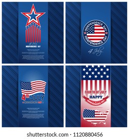 Greeting cards set for the United States Independence Day. 4th of July. Fourth of July. Holiday backgrounds collection for US Independence Day. Happy Independence Day. Vector illustration