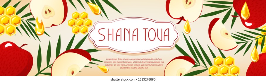 Greeting cards Shana Tova. Collection of Rosh Hasanah banners with honey, apple, palm, honeycomb. New Year in Israeli. Flat style. White background.