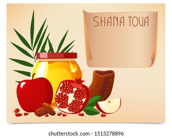 Greeting cards Shana Tova. Rosh Hasanah banner with honey, apple, pomegranate, shofar, carrot, palm, honeycomb. New Year in Israeli. Flat style. White background.