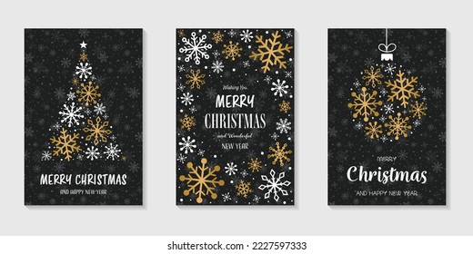 Greeting cards with shiny Christmas snowflakes. Winter collection. Vector illustration