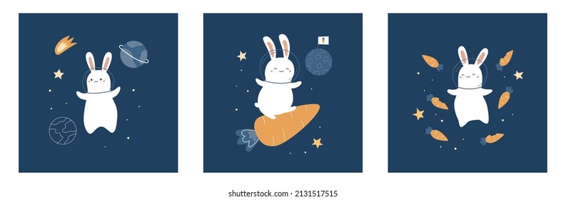 Greeting cards with space rabbits, planets, stars, rocket and carrots. Cute cartoon bunny. Perfect for t-shirt design, greeting cards, banners and posters. Vector illustration.