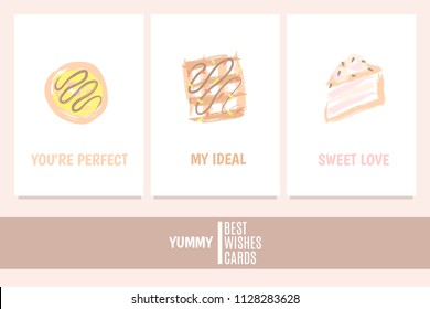 Greeting cards with sweets and inscriptions: "You're perfect", "My ideal", "Sweet love"