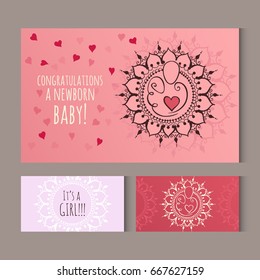 Greeting cards with symbol of happy family. Parents and a baby on floral background. Vector illustration with mother, father and a child.