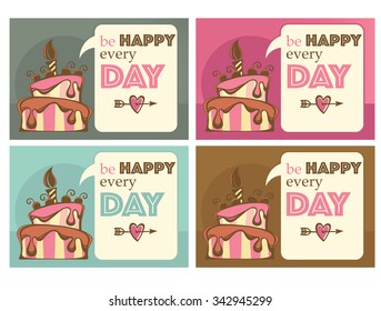 greeting cards and tags, with image of birthday cakes, candle and speech bubbles