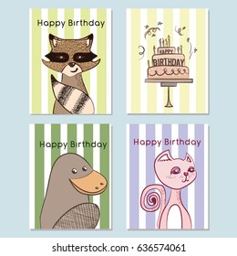 Greeting cards template for birthday with hand drawn characters like raccoon, cake, kitty and platypus