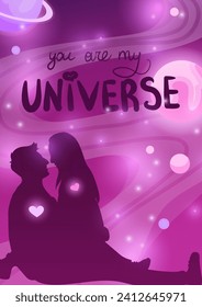 Greeting cards for Valentine's Day, anniversary or just to say I love you. Flat space illustrations on the theme of love. People in space and stars with planets and beautiful inscriptions.