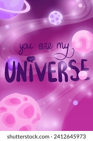 Greeting cards for Valentine's Day, anniversary or just to say I love you. Flat space illustrations on the theme of love. People in space and stars with planets and beautiful inscriptions.