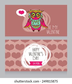 greeting cards for for Valentine's Day with cute lovely owl, vector illustration