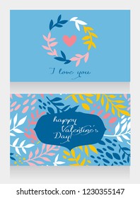 greeting cards for valentine's day with leaves and heart, vector illustration