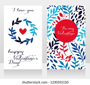 greeting cards for valentine's day with leaves and heart, vector illustration