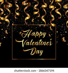 Tarjetas de felicitación de San Valentín. Ilustración vectorial. Una pancarta festiva. Feliz ánimo. Globos dorados serpentinos y helio. Globos de imitación metálicos. 